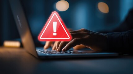 Hand typing on laptop keyboard alongside red warning triangle with exclamation mark. Concept of cyber security alert, digital risk, online threat, data breach warning in nighttime work setup.