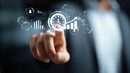 Business professional finger tapping digital clock interface, surrounded by holographic charts, graphs, user icons. Concept of time management, business analytics, performance tracking
