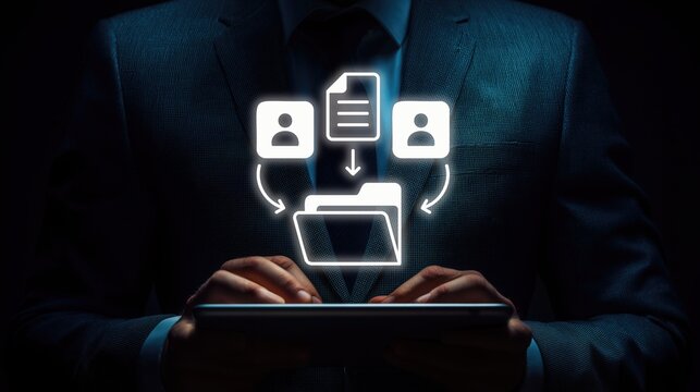 Business professional holding tablet, with neon icons of user profiles, document, folder and circular arrows. Concept of file sharing, team collaboration, data management, digital document exchange - Powered by Adobe