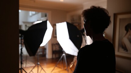 Artist manipulating soft diffused light controls to produce gentle shadows and smooth highlights for an intimate portrait session.