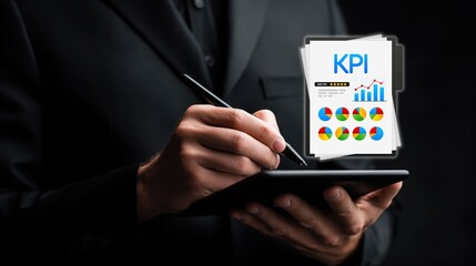 Business professional holding tablet, writing with pen, alongside KPI document (charts, rating, bar graph, pie charts). Concept of performance metric, business analysis, corporate goal tracking