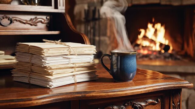 Cozy Corner: a warm and inviting scene, capturing a pile of vintage papers is stacked on an antique desk, beside a steaming coffee cup.