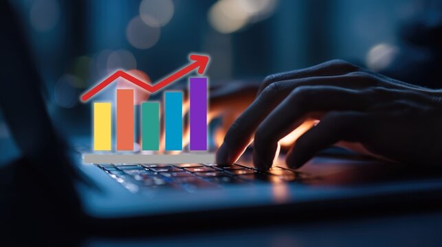 Professional hand typing on laptop keyboard alongside colorful bar chart with rising red arrow. Concept of business growth, performance analysis, data trend in nighttime office work setup. - Powered by Adobe