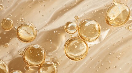 Glossy golden bubbles (various sizes) floating in liquid with soft shimmering texture, forming luxurious abstract decor background. Concept of beauty product element, liquid effect in elegant setting.