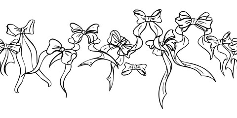 Naklejka premium Satin bow line with neat knots and vintage style ribbon tails. Seamless banner isolated illustration hand drawn in ink. Great for holiday packaging, Valentines decor, Christmas festive greetings.