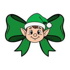 Dibujo sencillo con l&iacute;neas de cabeza de elfo de Santa Claus con lazo de cinta de regalo para tarjetas y felicitaciones de Navidad