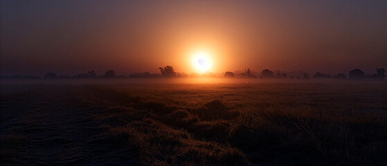 Misty Sunrise Over Rural Field - Peaceful Scenic Landscape Background