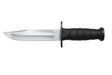 Survival knife with sharp steel blade and black textured handle, military combat tool, transparent background