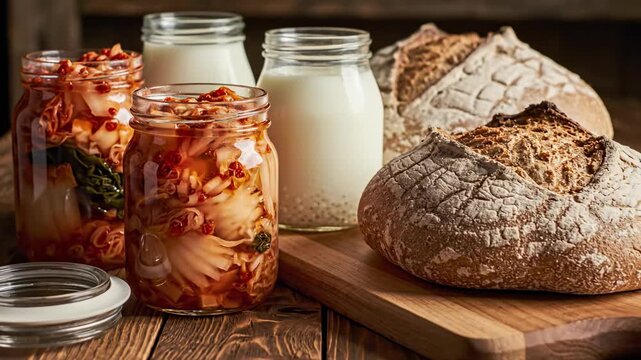 Fermented Feast: A mouthwatering still life showcasing a rustic array of homemade bread alongside jars of freshly made fermented food, evoking a sense of culinary delight and healthy eating.