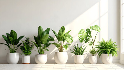 Fototapeta premium Collection of Lush Green Houseplants in White Pots.