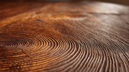 Close-up of dark brown wooden surface with distinct tree ring grain, warm tonal texture forming natural decor background. Concept of rustic wood pattern, organic material design in cozy setting.