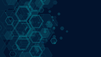 Abstract background featuring translucent teal hexagons arranged on a dark blue gradient surface area © DILL