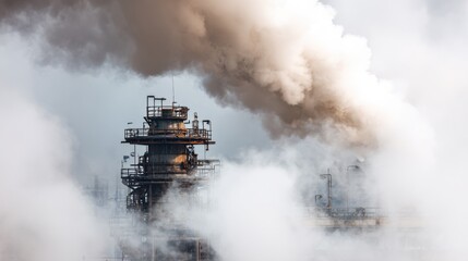 Medium shot of a chemical processing unit with emission vents capturing released gases being neutralized through advanced control systems.