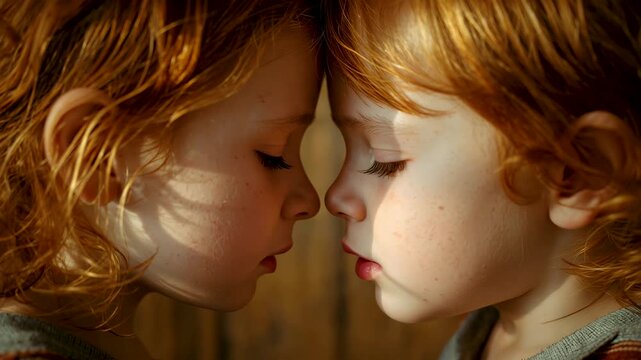 Two red haired children touching foreheads in soft warm indoor light portrait