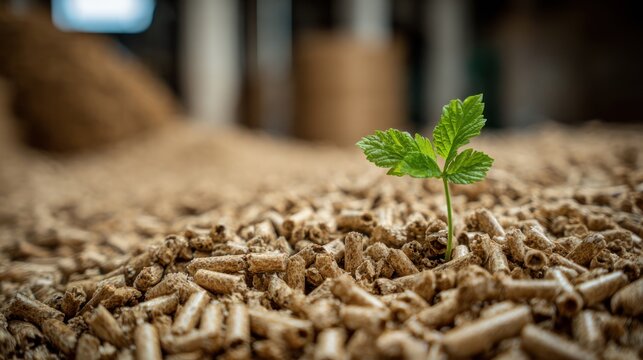 A young sprout with green leaves emerges from a bed of wood pellets