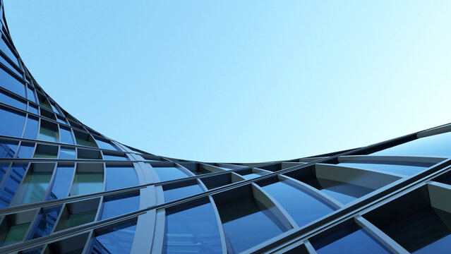 Corporate office building with curved glass window and steel frame, Business or financial concept with modern real estate architecture, 3d rendering