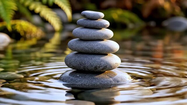 Stone pyramid replicates across calm ripples, echo symbolizing peace echo reinforcing structural grace echo enriching contemplative scenes faint currents adding subtle motion for relaxation apps 
