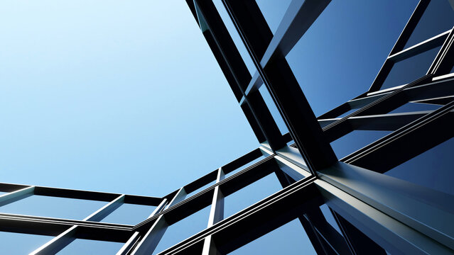 Corporate office building with glass window and steel frame, Business or financial concept with modern real estate architecture, 3d rendering