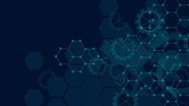 Hexagonal network with interconnected nodes and gears on a dark blue gradient abstract background design element
