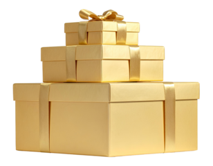 yellow gift boxes stacked neatly each wrapped with shiny golden ribbon