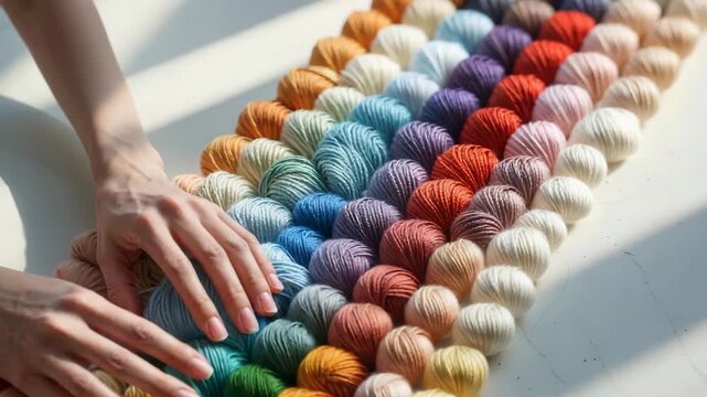 Crafting with colorful yarns in a bright space, focused on arranging strands by shade and texture for a project