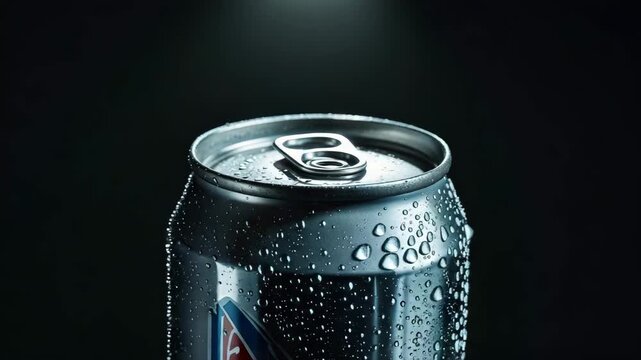 Close up of a wet can with water droplets on surface in dark background during evening hours