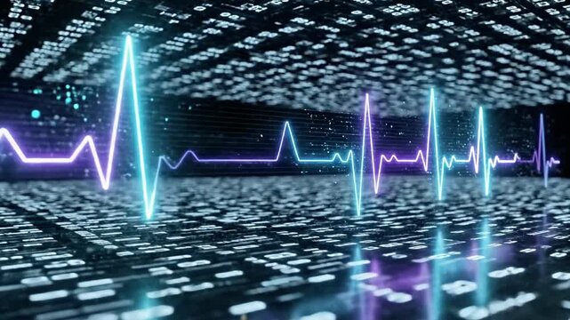 A futuristic digital representation of a heart rate monitor displayed on a sleek, pixelated surface with a predominantly dark background