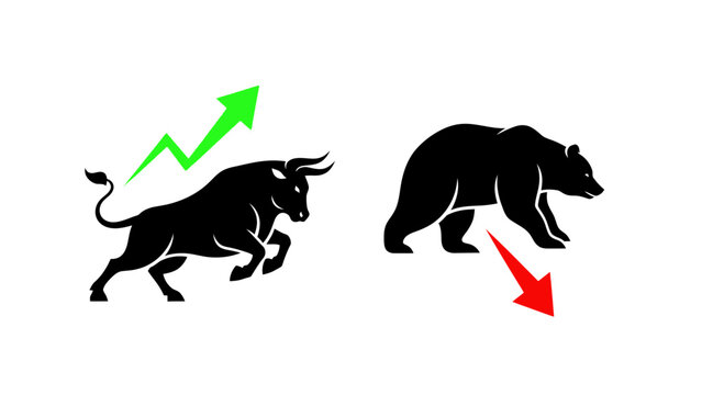 Minimalist flat vector illustration of stock market symbols bear and bull