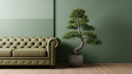 Tranquil interior scene featuring a vintage green sofa and an elegant bonsai tree