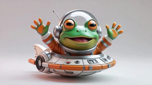 Cute frog character in a spaceship waves hello during an outer space adventure with a bright smile and fun design