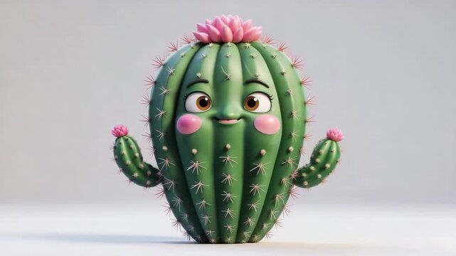 Cute character cactus smiles and poses in a bright studio setting with soft lighting and simple backdrop