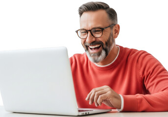 Man laughing at laptop isolated on transparent background