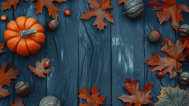 Video A wooden table covered in various types of autumn leaves, perfect for fall-themed designs or backgrounds