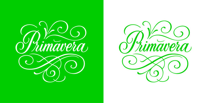 Logo con texto manuscrito en espa&ntilde;ol Primavera con florituras de adorno en color verde