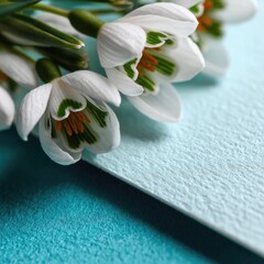 White snowdrop flowers rest on a textured turquoise surface