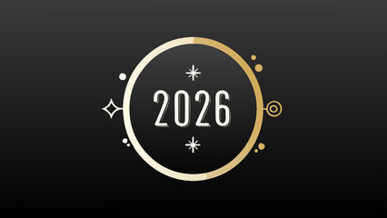 Illustration of the year 2026 inside a golden circle with stars on a dark gradient background