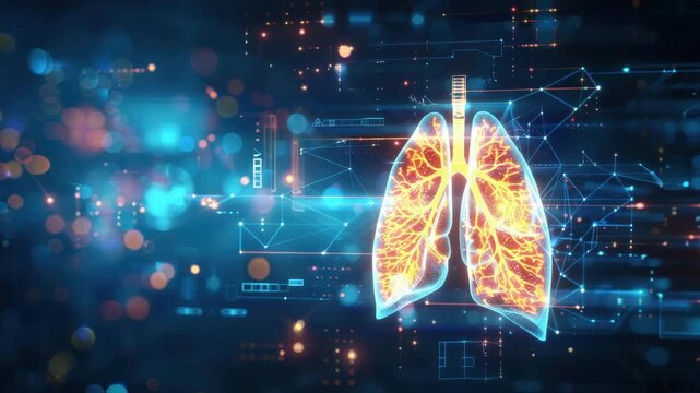 A computer generated image of a lung with a red line through it. The video is blue and has a futuristic feel to it