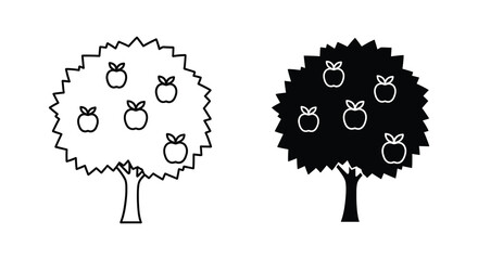 Two apple trees depicted in contrasting styles one light and one dark silhouette