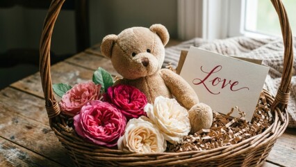 Plush teddy bear nestled among vibrant roses in a rustic wicker basket, accompanied by a heartfelt card expressing love, creating a warm and inviting atmosphere for special occasions