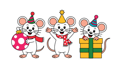 Naklejka premium Three Cartoon Mice Celebrating Christmas Party with Gifts and Ornaments