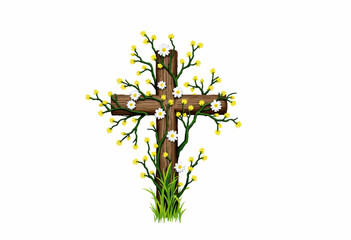 Intricately Designed Wooden Cross with Blooming White Flowers and Green Leaves Symbolizing Spring Renewal and Spiritual Transformation