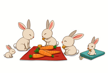 Fototapeta premium Adorable Family of Cartoon Bunnies Enjoying a Picnic with Fresh Carrots and Juices on a Colorful Blanket