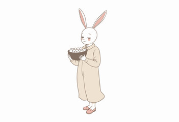 Obraz premium Comforting illustration of a humanoid white rabbit serenity depicted wearing a cozy beige outfit while holding a woven basket filled with white eggs in a peaceful pose