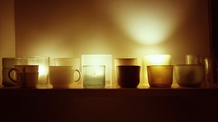 Warmly lit glassware arrangement on shelf with soft ambient glow