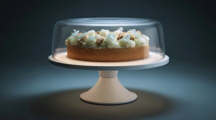 Delicious cake under glass dome on elegant cake stand