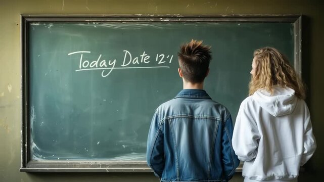 Students write the date on the chalkboard while preparing for a lesson in a classroom setting