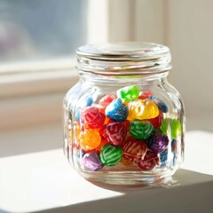 Colorful candy jar filled with bright sweets in sunlight