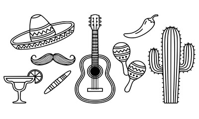 Mexican Fiesta Icon Set, Sombrero Guitar Chili Cactus Maracas Tequila Mustache, Black Line Art Mexican Culture Symbols, Cinco de Mayo Party Elements
