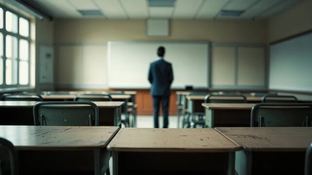 Teacher prepares for lesson in empty classroom during school day before students arrive