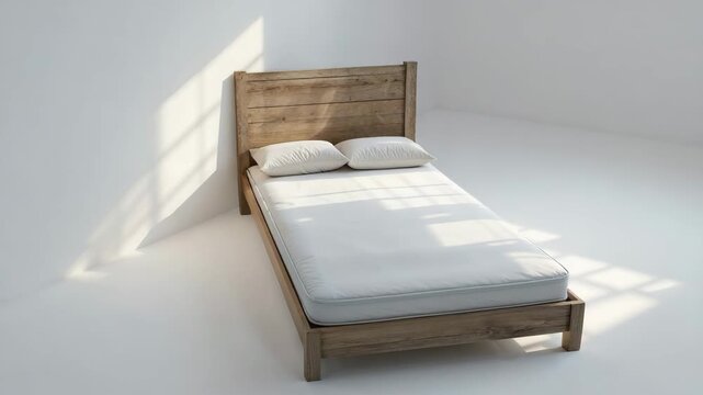Empty bed in bright room with wooden frame and white bedding in natural light